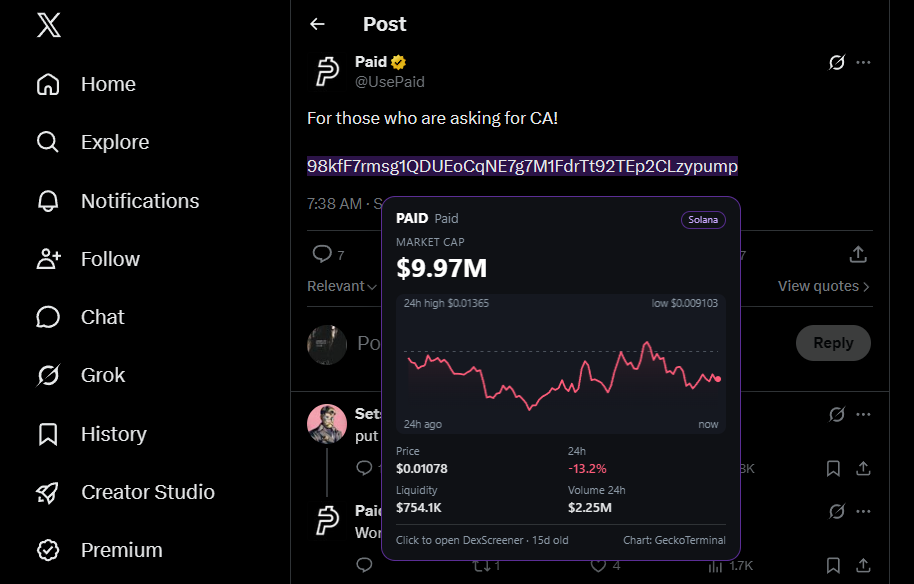 A Solana contract address on X, highlighted, with Inspector's popup under it showing the token's market cap, a 24 hour chart, price, 24 hour change, liquidity and volume